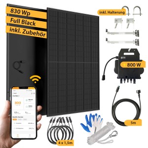 Vale Balkonkraftwerk 830W Full Black mit Zubehör, Solarmodulen, Wechselrichter und Halterung.