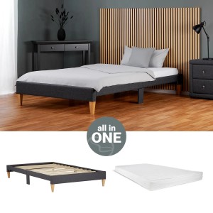 Graues Polsterbett 90x200 cm mit Lattenrost und Matratze. Bett im Futonstil ohne Kopfteil.