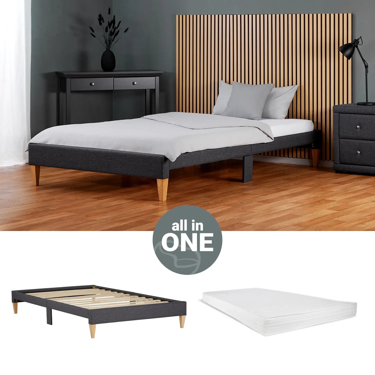 Graues Polsterbett 90x200 cm mit Lattenrost und Matratze. Bett im Futonstil ohne Kopfteil.