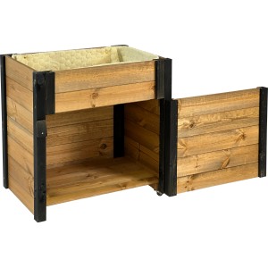 Rollbarer Gartenschrank mit Pflanzkasten aus Holz, braun/schwarz. Stauraum und Bepflanzung für den Garten.