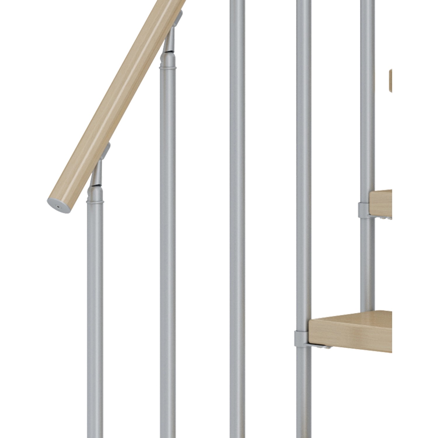 Detailansicht der Dolle Mittelholmtreppe Dublin mit Ahornstufen und perlgrauem Geländer.