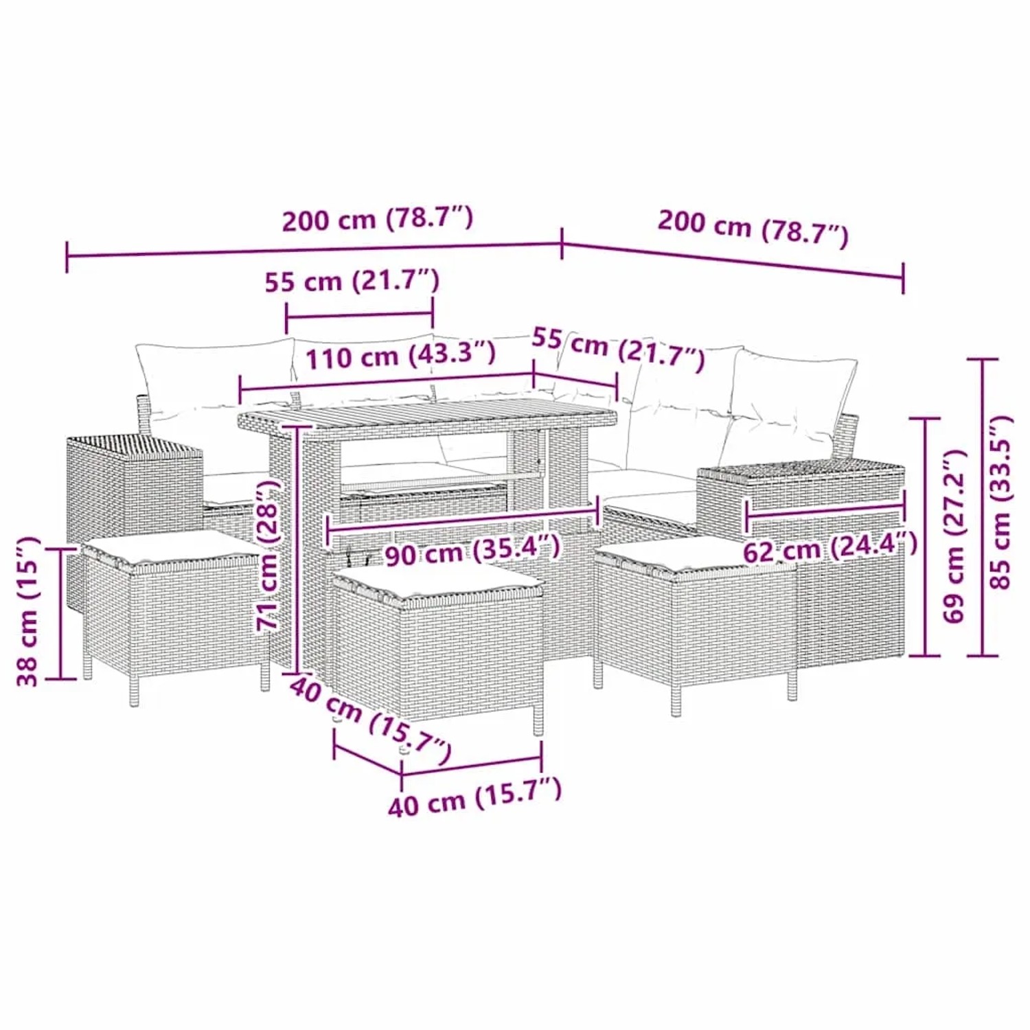 vidaXL Garten-Sofa-Set, 9-teilig, schwarz, Poly Rattan, mit Maßen.