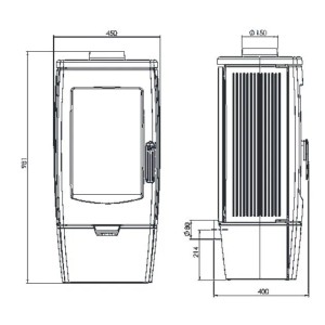 Technische Zeichnung des Plamen Gusskaminofen Gala 8 kW. Front- und Seitenansicht mit detaillierten Maßen.
