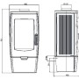 Technische Zeichnung des Plamen Gusskaminofen Gala 8 kW. Front- und Seitenansicht mit detaillierten Maßen.