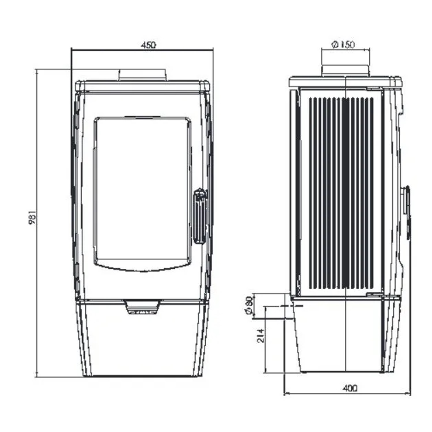 Technische Zeichnung des Plamen Gusskaminofen Gala 8 kW. Front- und Seitenansicht mit detaillierten Maßen.