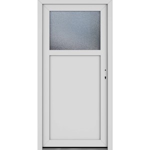 Weiße Roro Nebeneingangstür OKE 1154 aus Kunststoff mit Ornamentglas-Einsatz.