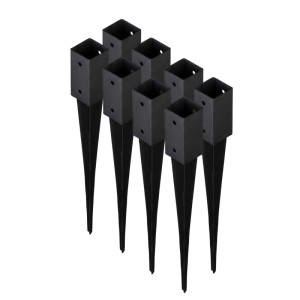 8 schwarze HOLLMAX Einschlaghülsen für 71 mm Vierkantpfosten, pulverbeschichteter Stahl, mit Bohrlöchern.