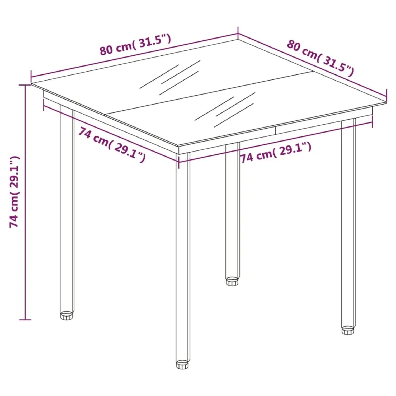 vidaXL Garten-Essgruppe, braunes Poly Rattan, Tisch mit Glasplatte, Maße: 80x80x74cm.
