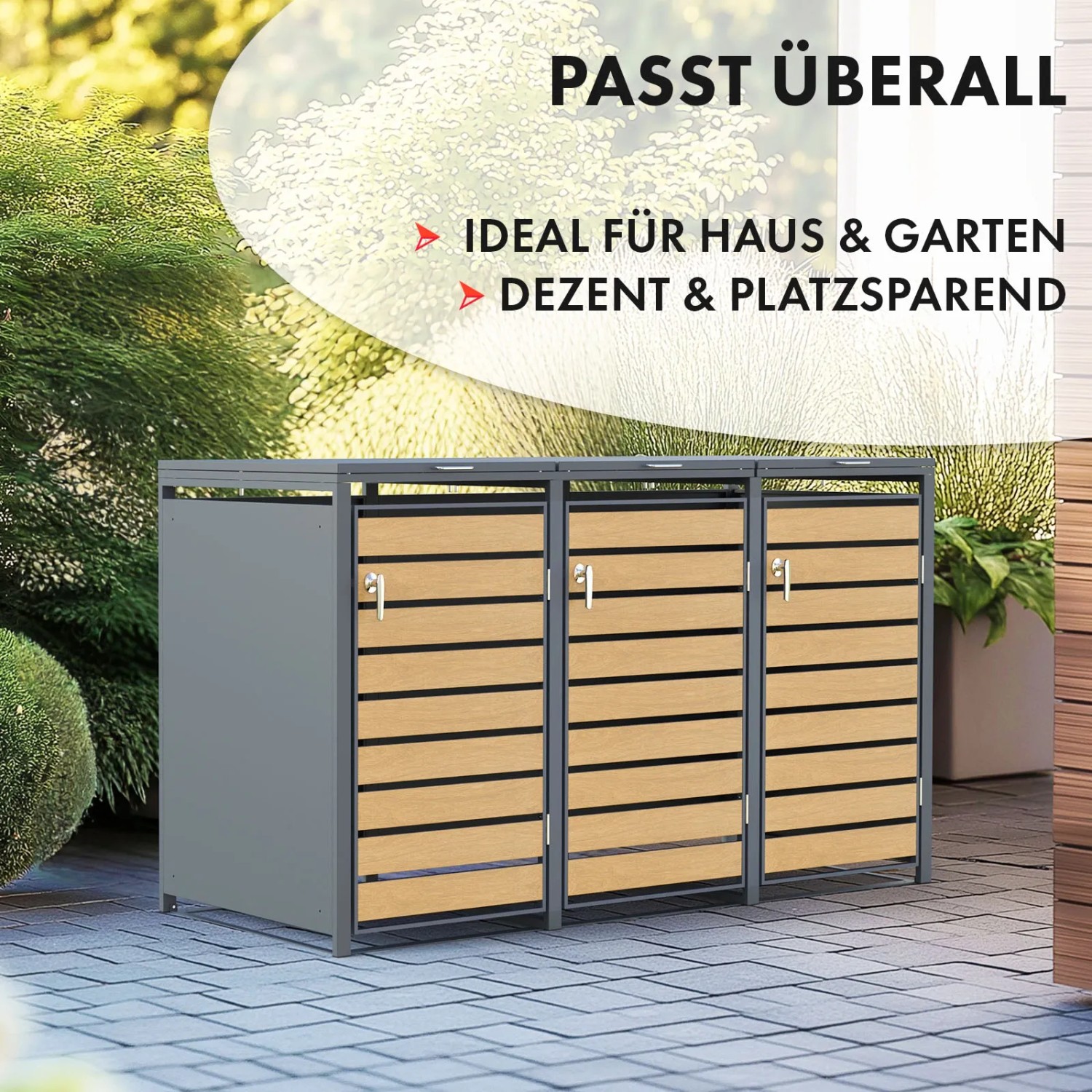 KARAT Mülltonnenbox Johan mit Edelstahlrahmen und Holzdekor, 3 Türen für den Garten.