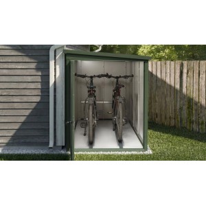 Geöffnete grüne Weka Metall-Bikebox Gary mit zwei Fahrrädern auf Schienen.