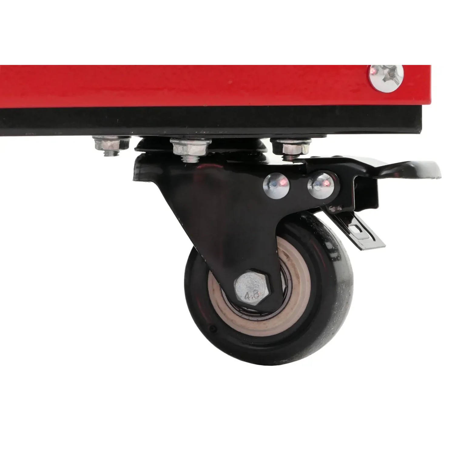 Detailaufnahme der Rolle mit Feststellbremse vom roten PROREGAL Werkzeugwagen.