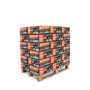 Große Palette Heizfuxx BBQ Buchenholzbriketts, 18x 18kg Pakete, gestapelt, für Grill & Ofen.