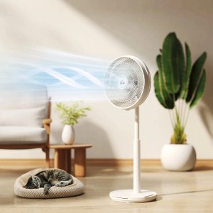 Weißer HOMCOM Standventilator mit Luftstrom, Katze schläft im Vordergrund.