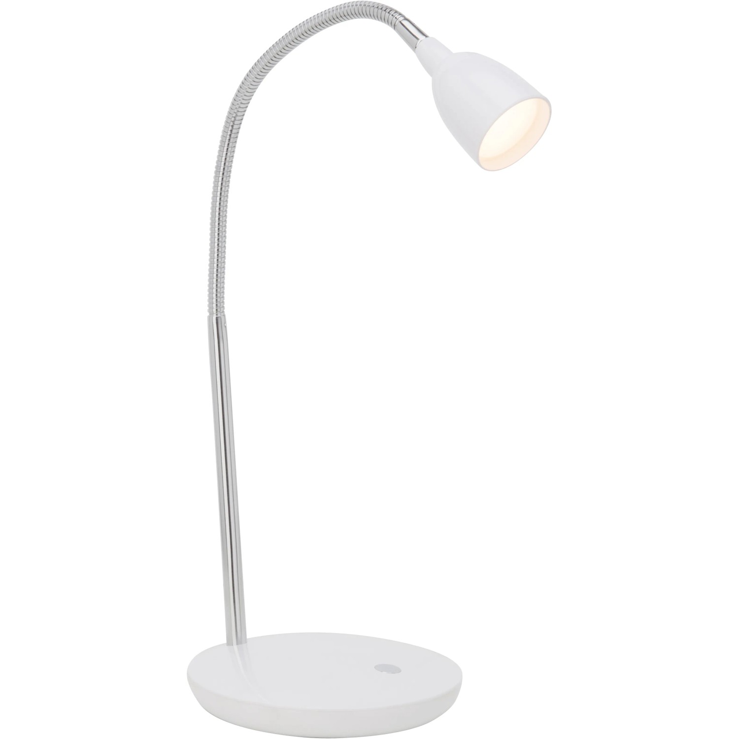 Weiße LED-Tischleuchte Anthony mit flexiblem Arm für Schreibtisch oder Nachttisch.