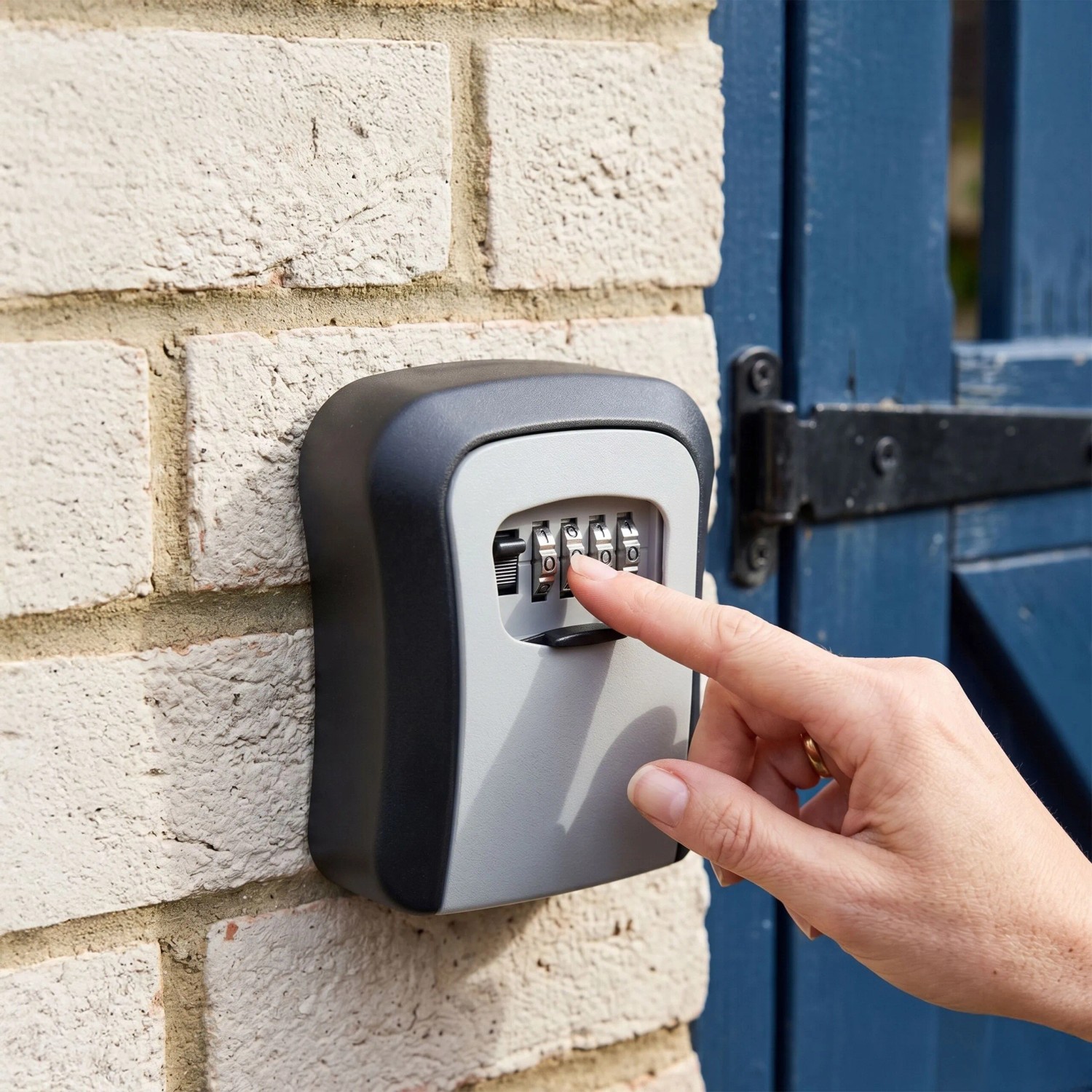 Relaxdays Schlüsselsafe schwarz-grau an Ziegelwand, Hand bedient 4-stelligen Zahlencode. Sicherer Schlüsseltresor zur Wandmontage.
