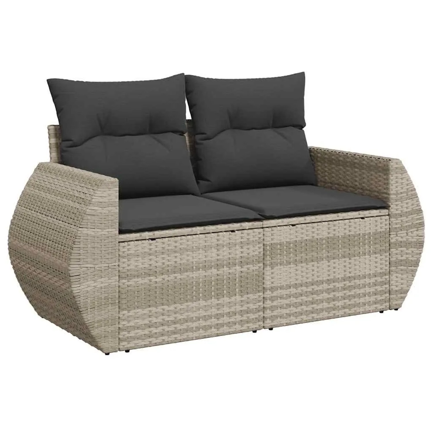 Hellgraue 2-Sitzer Garten-Sofagarnitur aus Poly Rattan mit grauen Kissen.