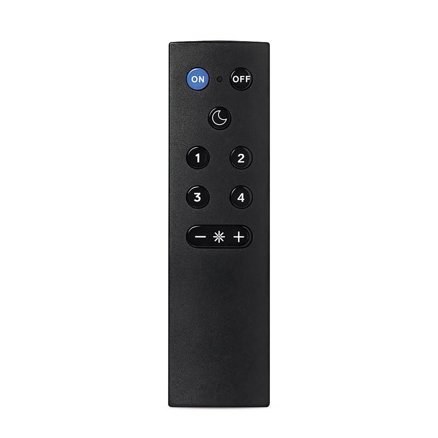 Schwarze WiZ Fernbedienung für smarte Leuchtmittel mit Tasten für An/Aus, Helligkeit und Szenen.