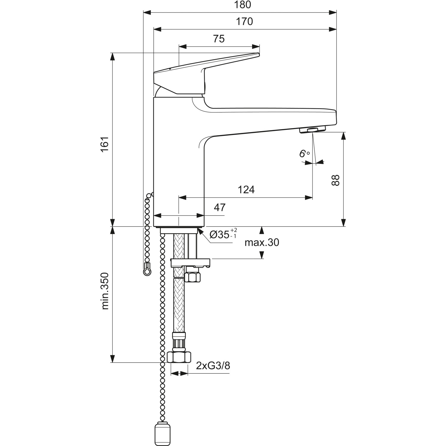 Technische Zeichnung: Ideal Standard Ceraplan Waschtischarmatur Chrom mit Maßen.