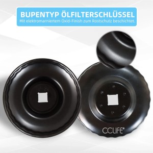 Zwei schwarze CCLIFE Ölfilterkappen aus Stahlblech mit 3/8 & 1/2 Antrieb. Robustes Werkzeug für Ölfilter 65-100mm.