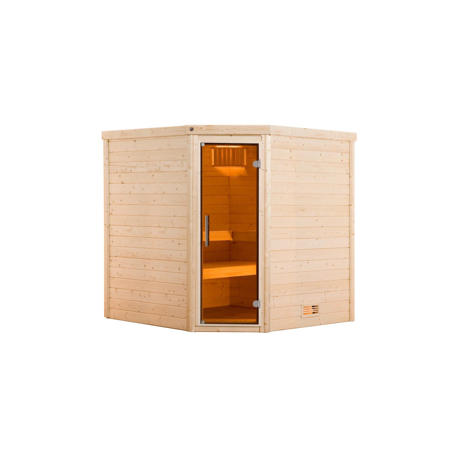 Weka Massivholzsauna Turku 2 Sparset mit Glastür und Bio-Saunaofen, Ecksauna aus Fichtenholz.