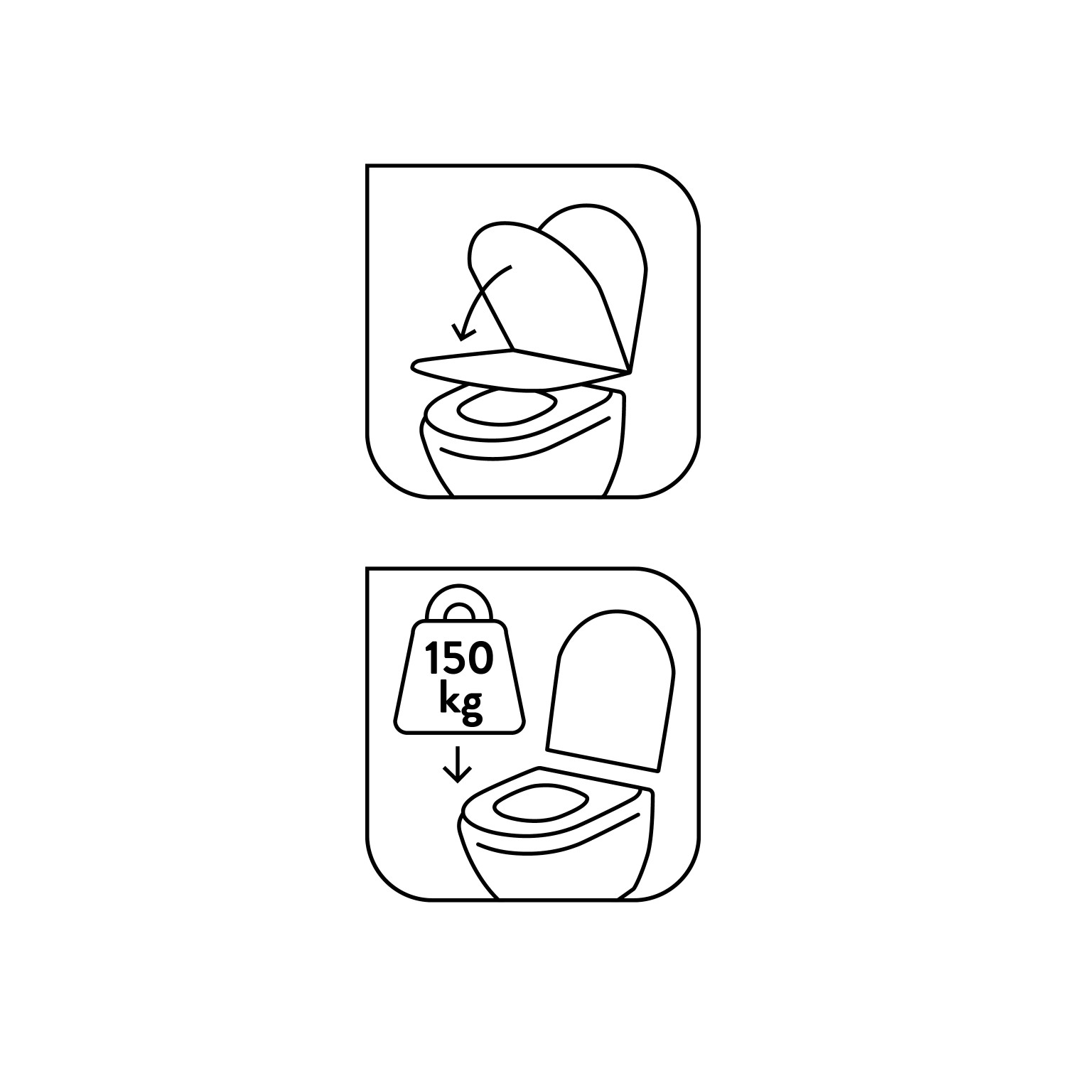Piktogramme: WC-Sitz Absenkautomatik und Belastbarkeit bis 150 kg.