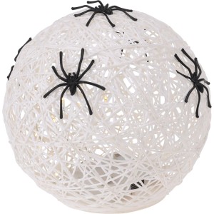 Papier Deko Kugel (15cm) mit LED-Lichtern und schwarzen Spinnen für Halloween.
