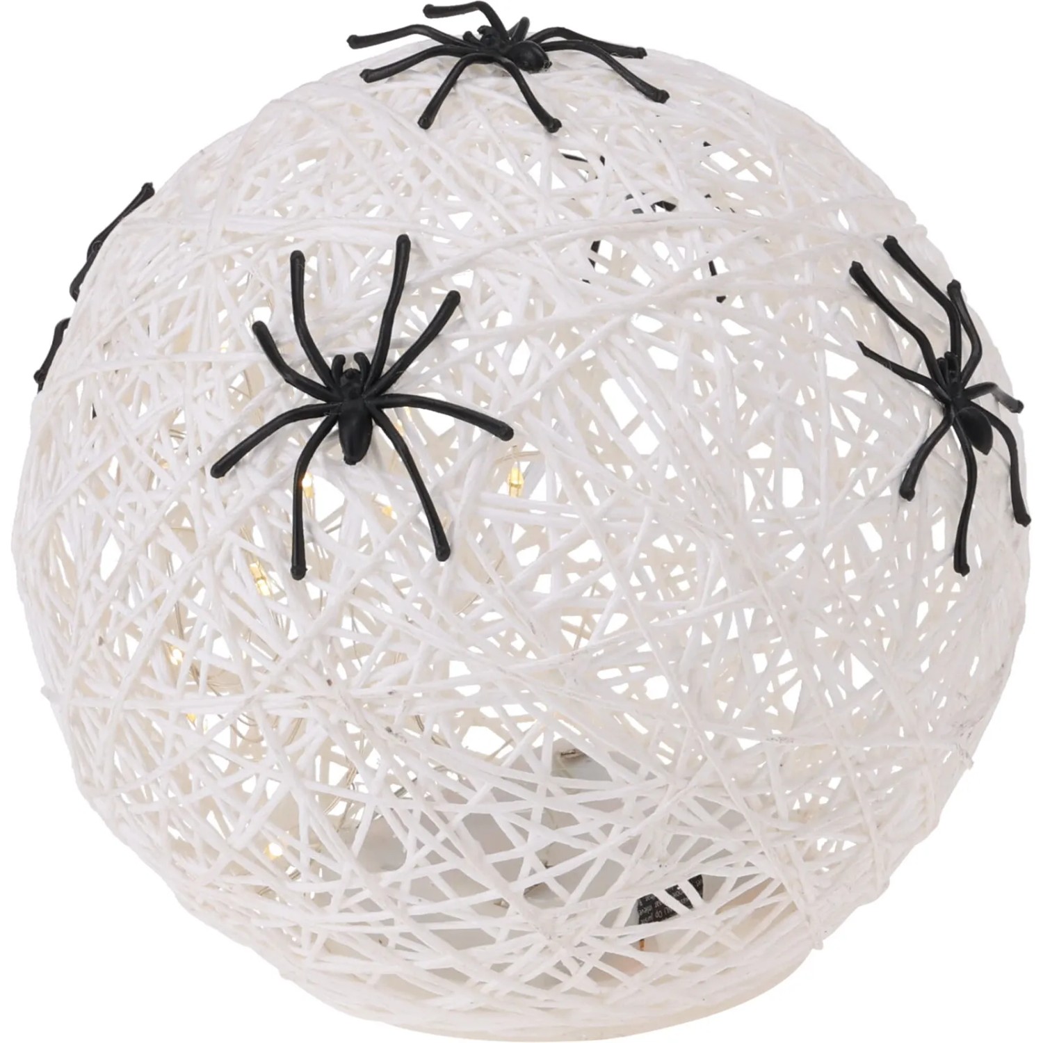 Papier Deko Kugel (15cm) mit LED-Lichtern und schwarzen Spinnen für Halloween.