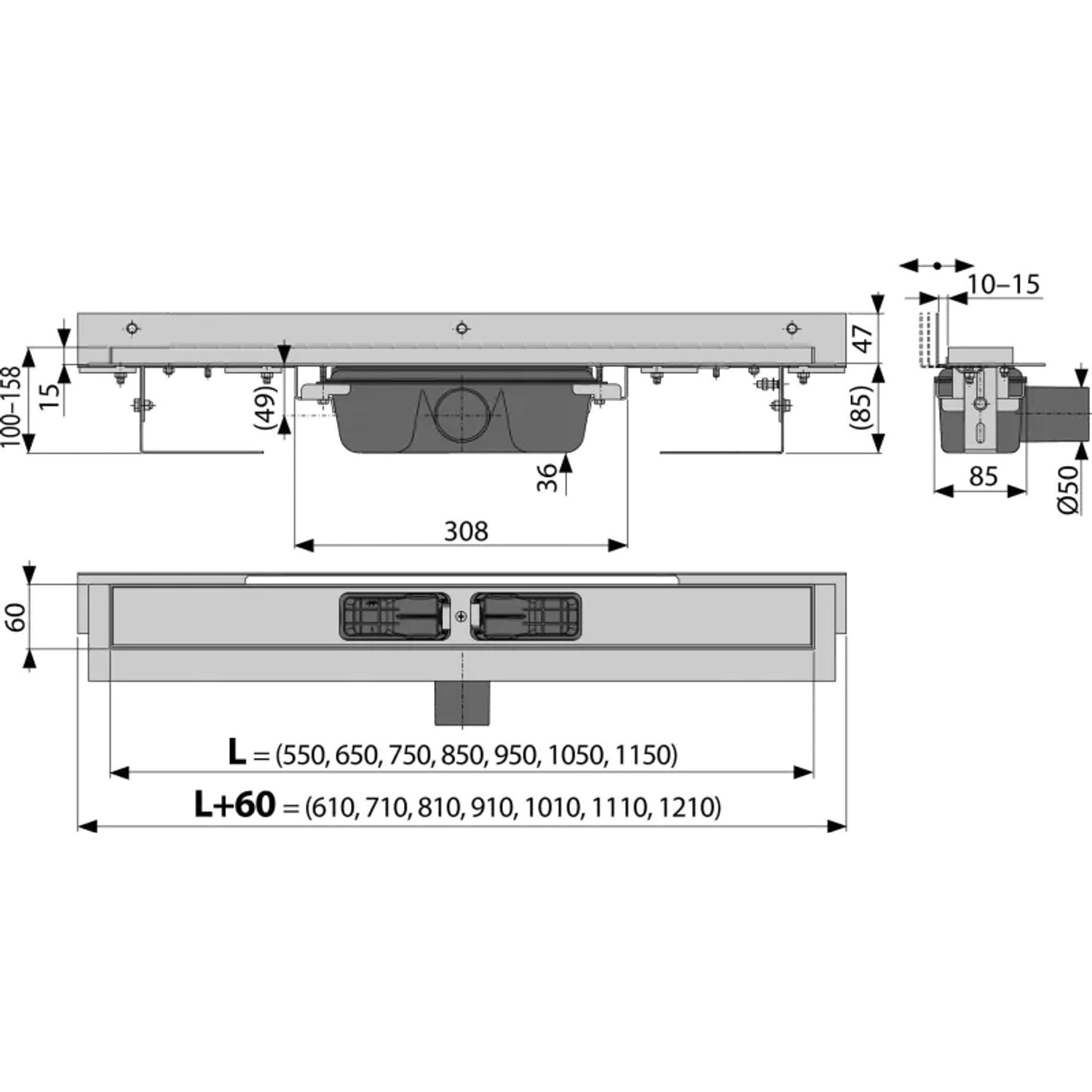 Alcadrain APZ4 flexible Duschrinne mit Rand und einstellbarem Wandkragen 950 mm_2