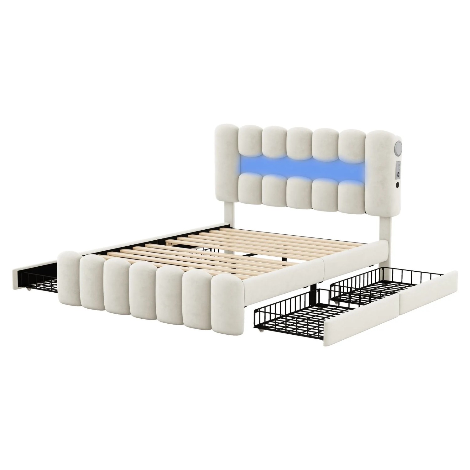 okwish Polsterbett 140×200 mit 4 Schubladen und LED-Lichtleiste mit USB und Stereoanlage ohne Matratze