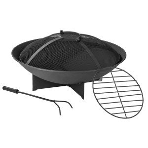Schwarzer Landmann Feuerkorb (60,5 cm) mit Funkenschutzgitter, Ascherost und Schürhaken.