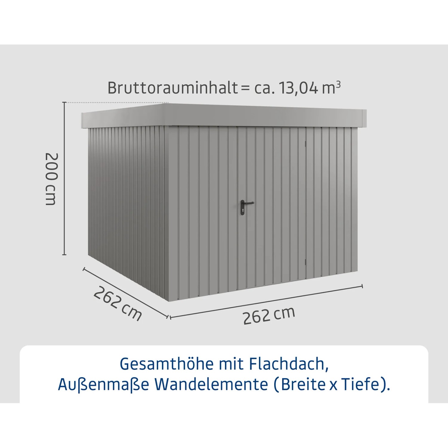 Hörmann EcoStar Gerätehaus Euroline, Flachdach, Graualuminium, 285x278 cm, Außenansicht mit Maßangaben.