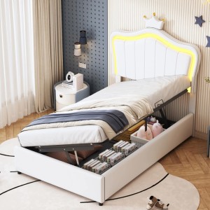 Weißes Merax Kinderbett 90x200cm mit Kronen-Kopfteil, LED-Beleuchtung und hydraulischem Stauraum. Polsterbett für Kinder.