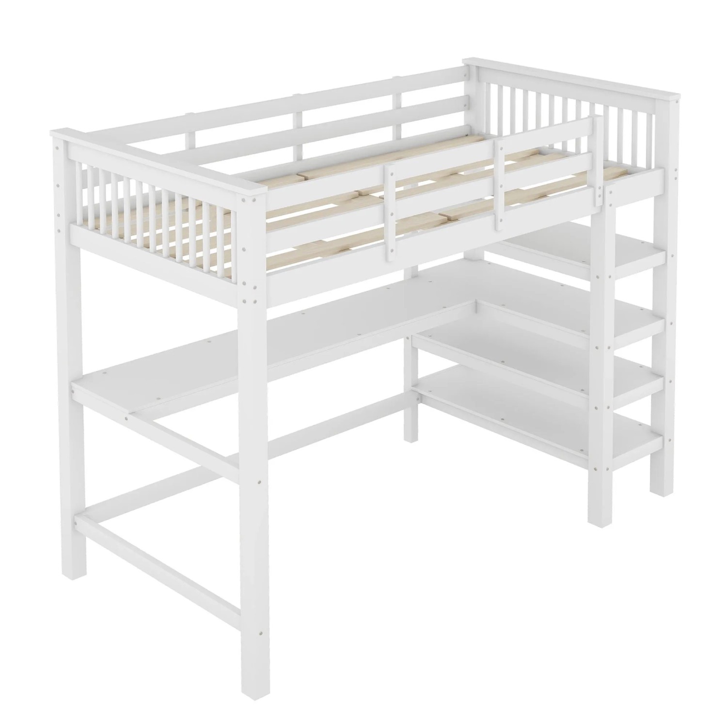 KOMHTOM Hochbett Für Kinder  90 x 200 Cm  Mit Stauraum Und Schreibtisch Darunter  Matratze Nicht Enthalten  Weiß