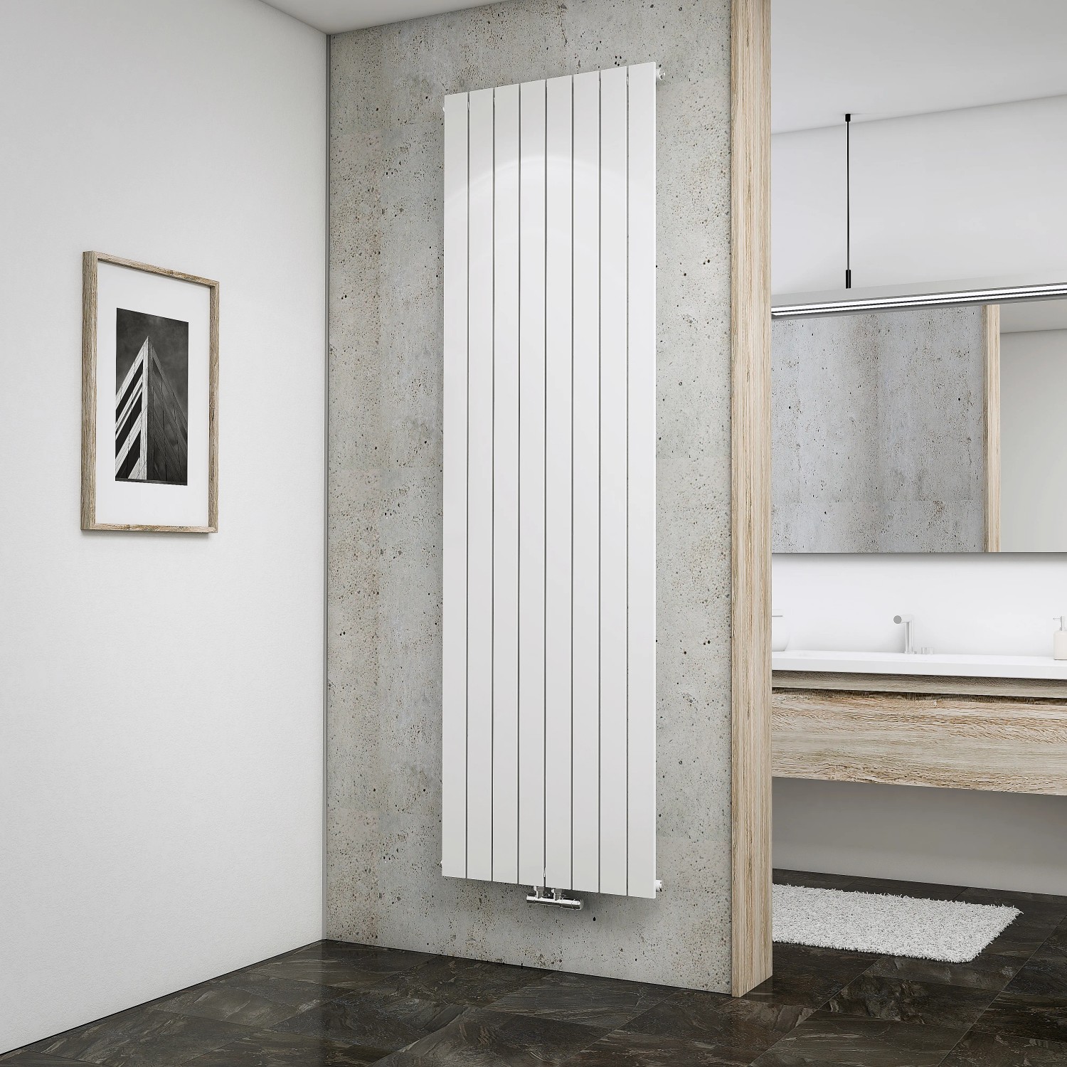 Schulter Design-Heizkörper Aachen, alpinweißer Heizkörper mit Mittelanschluss im modernen Bad.