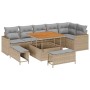 Beiges 9-teiliges vidaXL Garten-Sofa-Set aus Poly Rattan mit Tisch und Hockern.