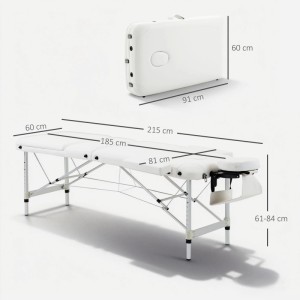 Weiße faltbare HOMCOM Massageliege aus Aluminium mit verstellbarer Höhe und Kopfstütze. Maße: 215x60 cm.