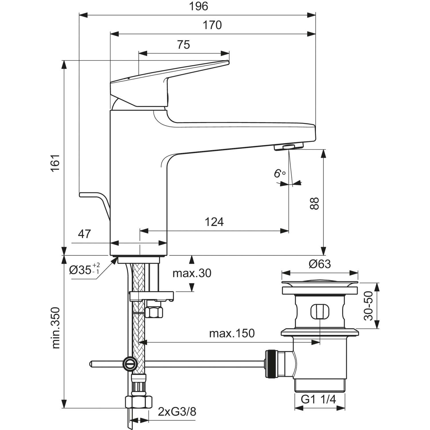 Technische Zeichnung: Ideal Standard Ceraplan Waschtischarmatur H90, Schwarz Matt, mit Maßen.