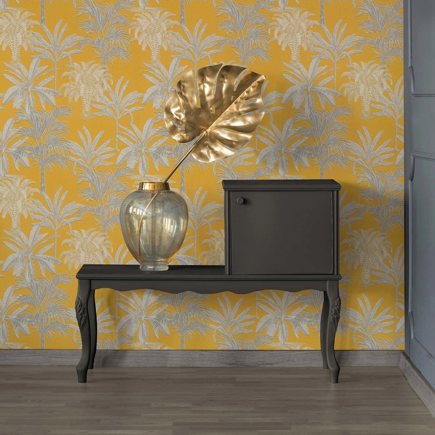 Bricoflor Tropical Tapete Gelb Grau Gelbe Vliestapete mit Palmen Modern