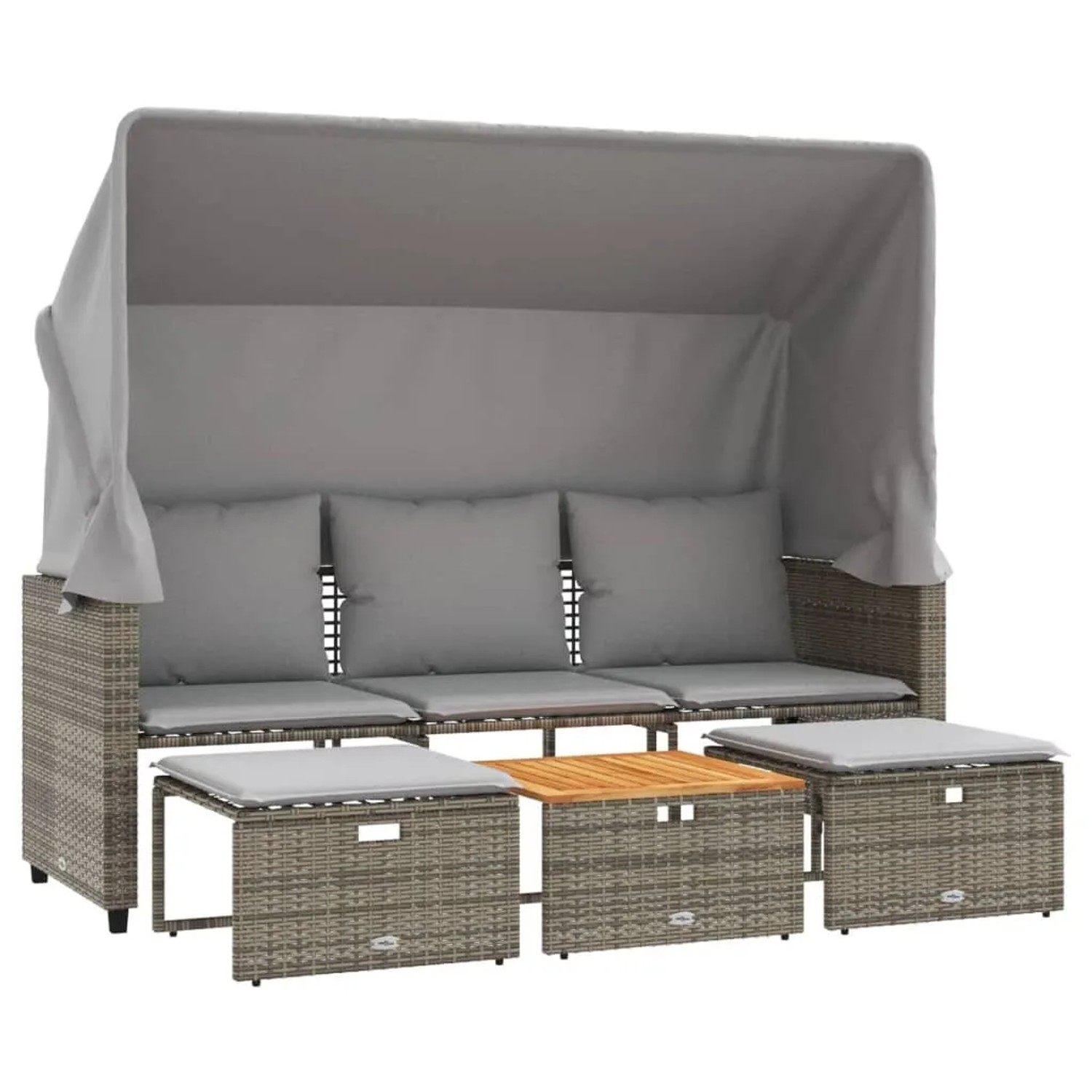 vidaXL Outdoor-Sofa 3-Sitzer mit Dach und Hockern Grau Poly Rattan 365454