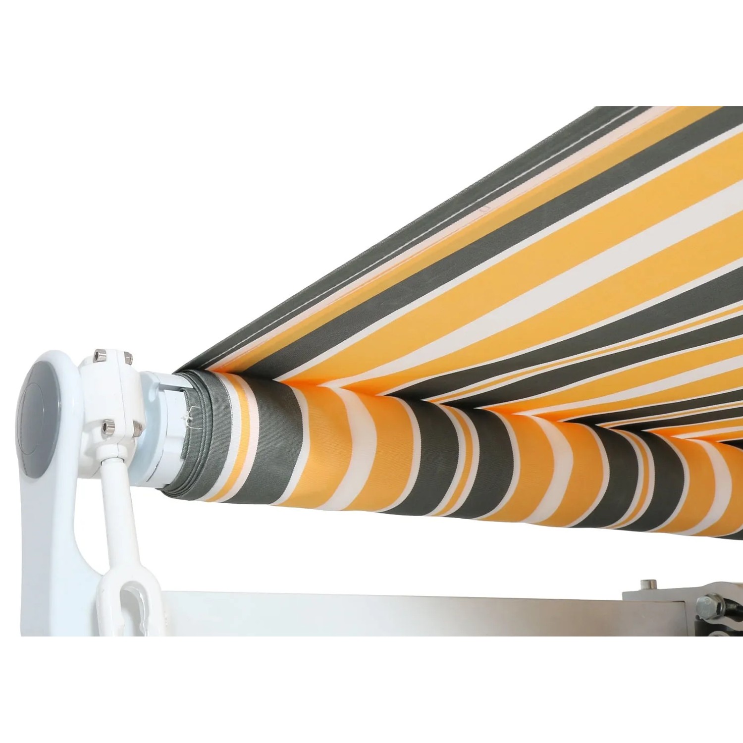 Detailansicht der grau-gelb gestreiften MCW Alu-Markise 2,5x2m. Markisenstoff aufgerollt.