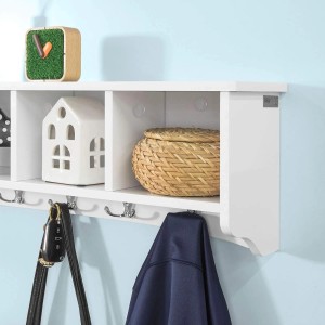 Weiße SoBuy Wandgarderobe mit 5 Haken und Ablagefächern zur Flurorganisation.