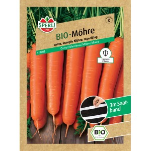Sperli Bio Möhre F1-Hybride Saatband Packung mit orangen Karotten und Saatband.