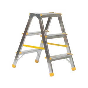 Doppelseitige Aluminium-Stufenstehleiter mit 3 Stufen, silber/gelb, für Haushalt & Werkstatt.