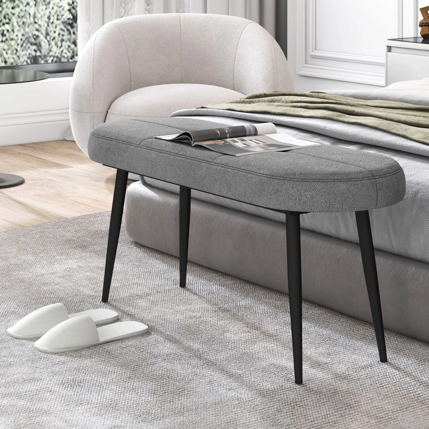 Graue Costway Polsterbank mit schwarzen Metallbeinen, 113 cm, als stilvolle Sitzbank für Schlafzimmer oder Flur.