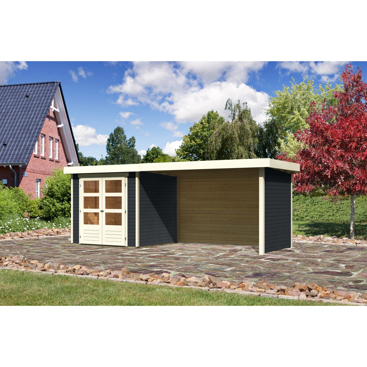 Karibu Gartenhaus Boras 2 Anthrazit 468 x 217 cm mit Anbaudach+Seiten- Rück günstig online kaufen