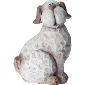 Dekorative Hundefigur, sitzend, 32 cm hoch, hellgrau mit braunen Ohren, für die Gartendekoration.