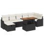 Schwarzes 8-teiliges Garten-Sofa-Set aus Polyrattan mit Tisch und Kissen.