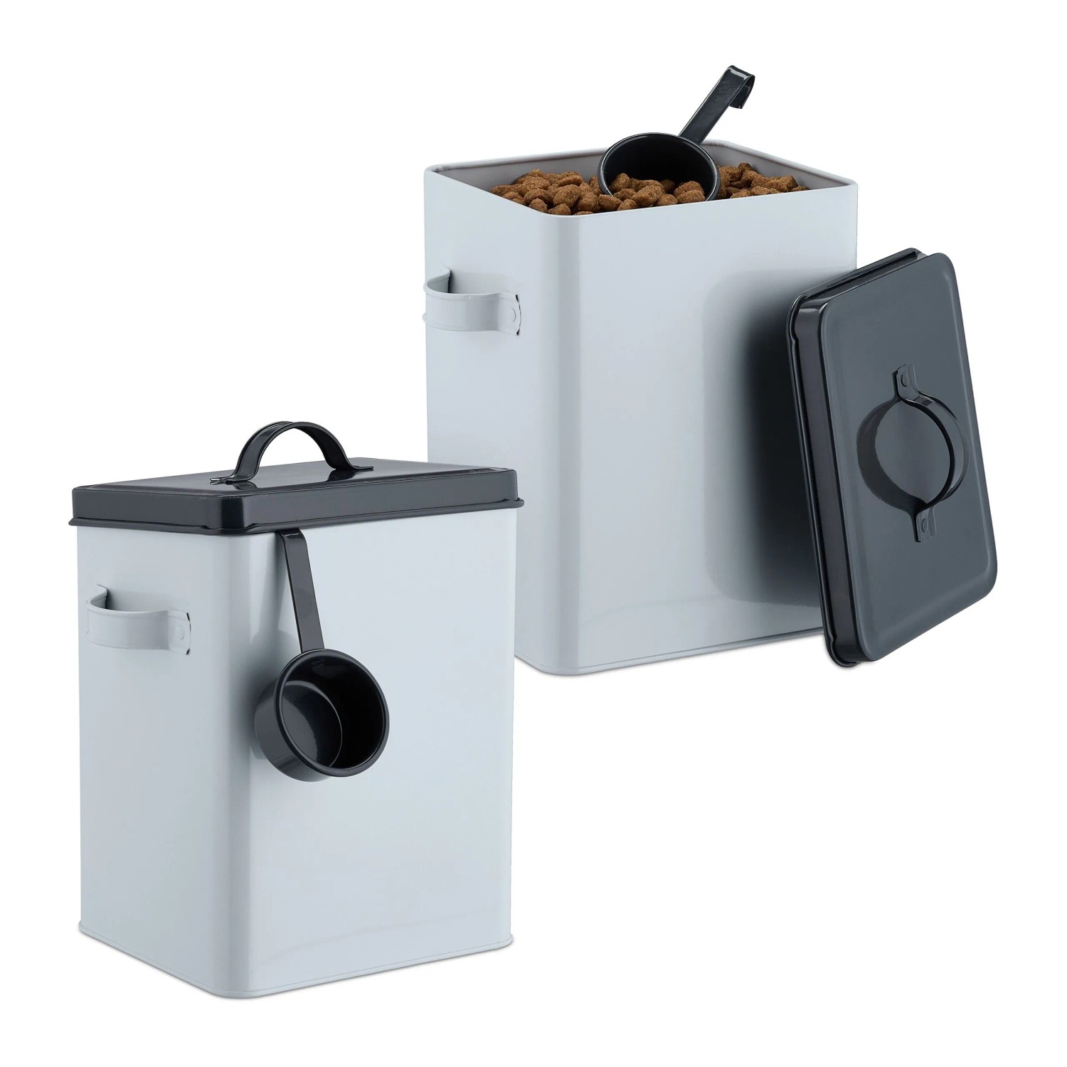 Relaxdays Futterbox 2er Set Eisen Weiß Anthrazit Luftdicht 26,5 cm x 15,5 cm x 19 cm