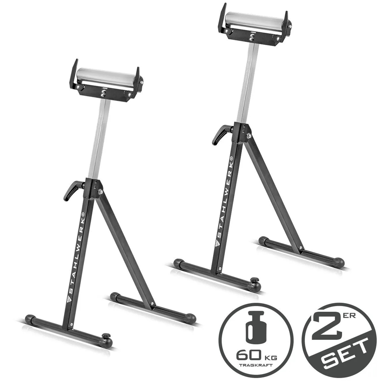 STAHLWERK Rollenbock 2er Set, schwarz-silber, höhenverstellbar 720-1100 mm, 60 kg Tragkraft. Arbeitsbock.