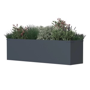 Westmann Pflanzkübel Talus M, 25x100x27 cm, Anthrazit, bepflanzt mit diversen Pflanzen.